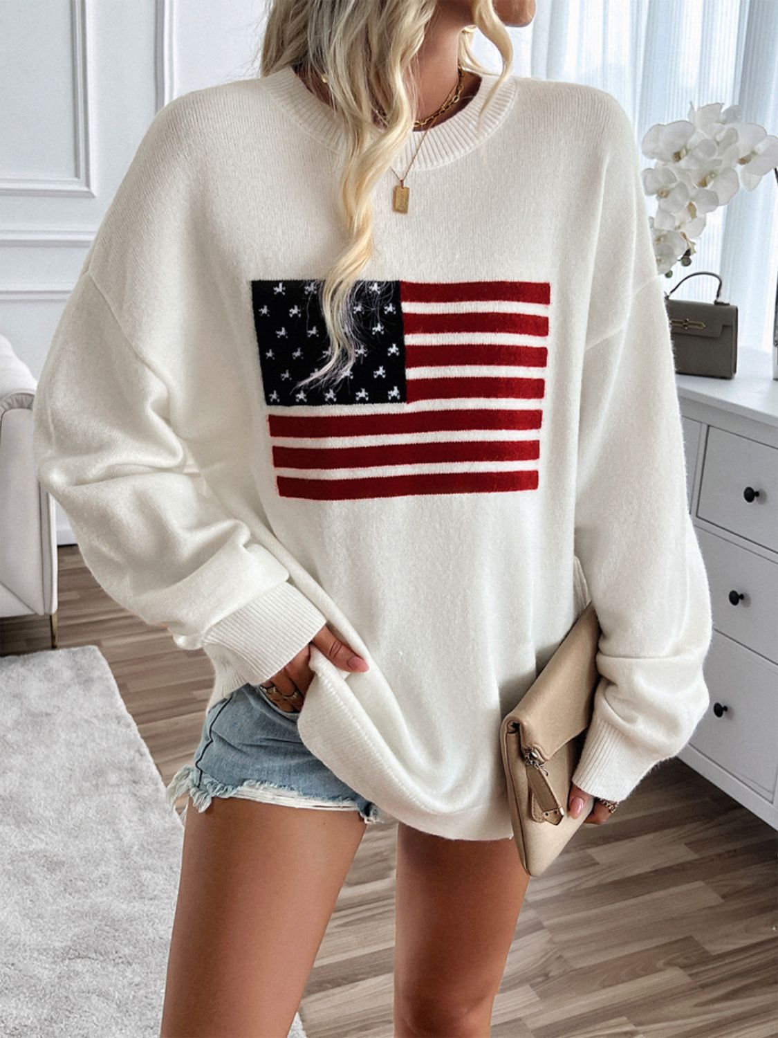 Devine US Flag Round Neck Long Sleeve Knit Top - Luxe4Everyday Sweater