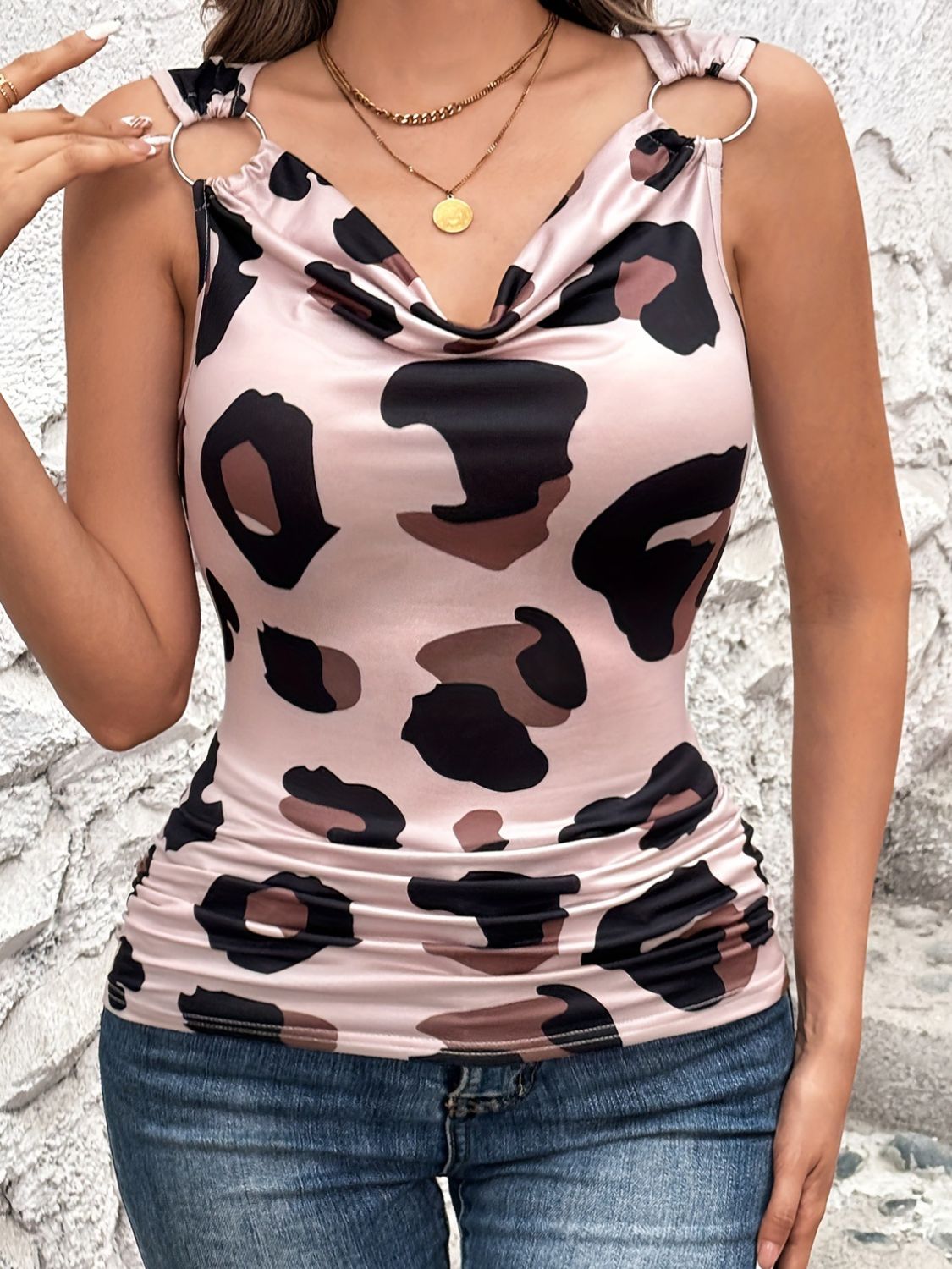 Leopard Cowl Neck Wide Strap Top - Luxe4Everyday Shirt