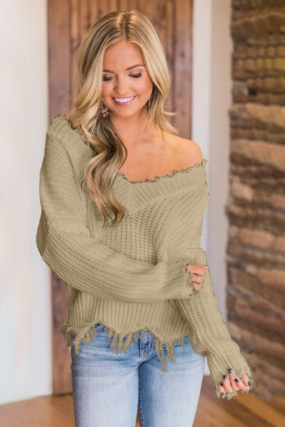 Frayed Hem Dropped Shoulder Sweater - Luxe4Everyday Sweater