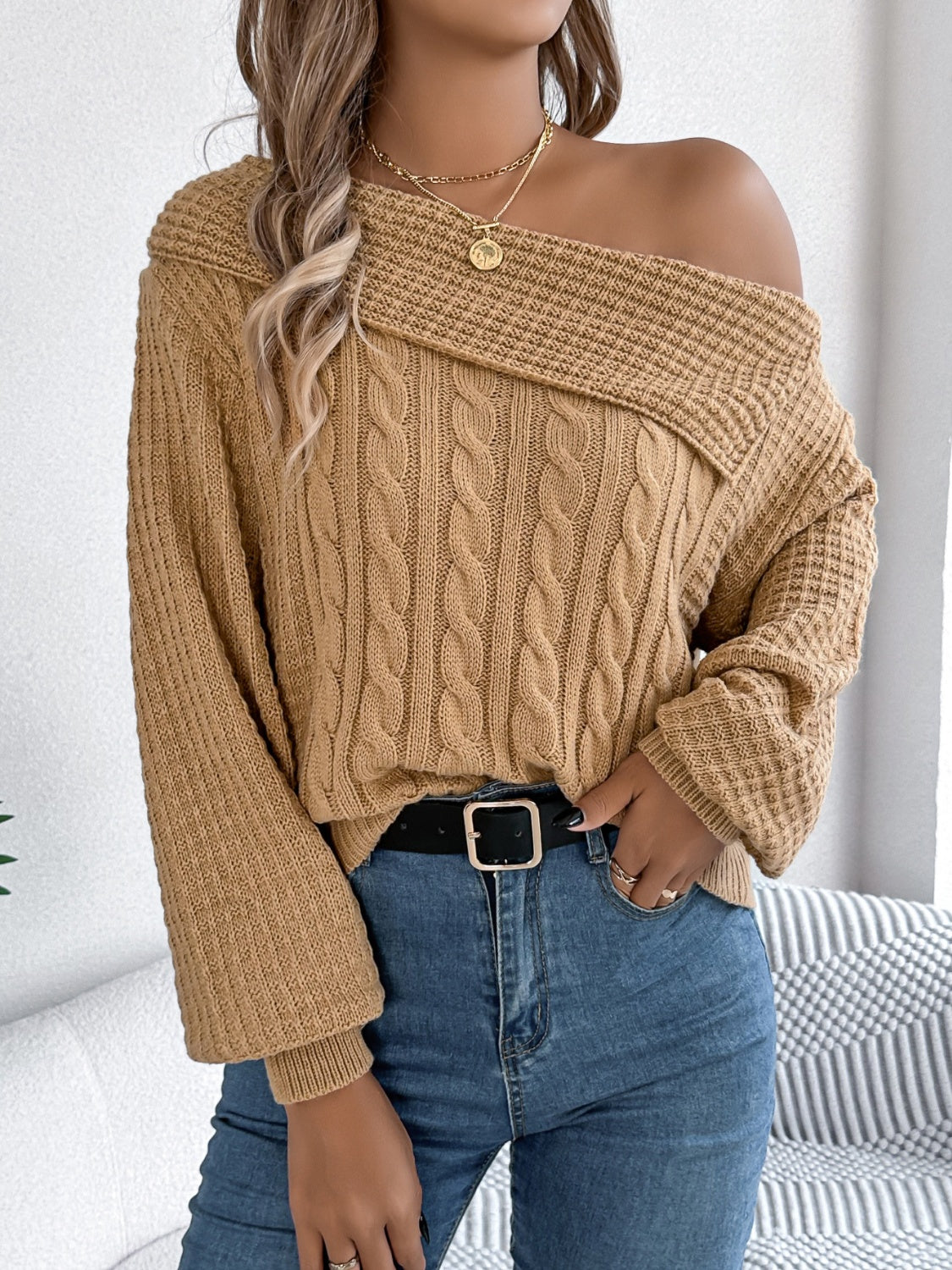 Cable-Knit One Shoulder Long Sleeve Sweater - Luxe4Everyday Sweater