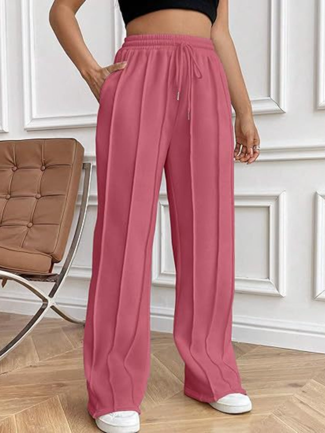 Drawstring Wide Leg Pants with Pockets - Luxe4Everyday Deep Rose / S Pants