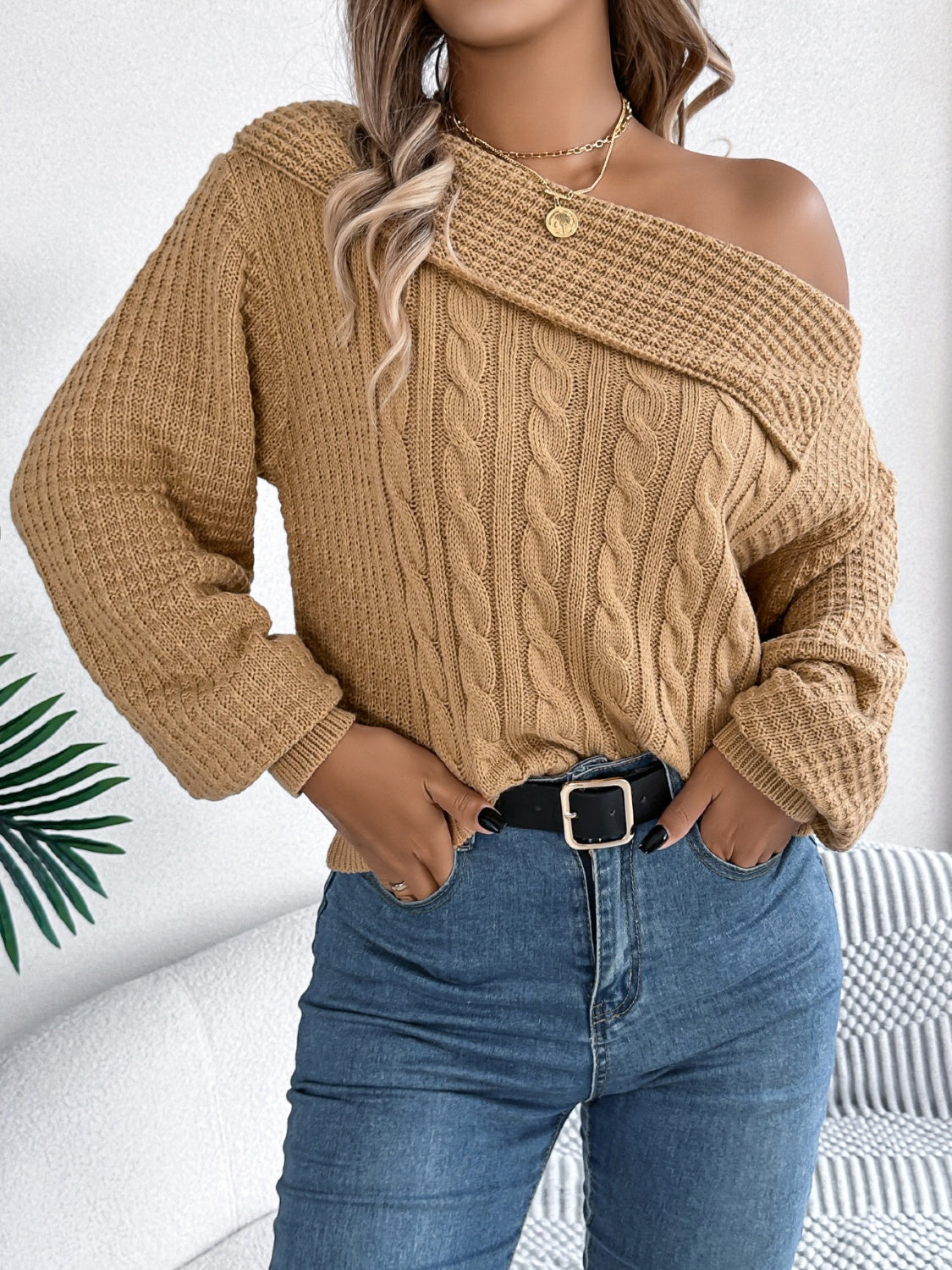 Cable-Knit One Shoulder Long Sleeve Sweater - Luxe4Everyday Camel / S Sweater