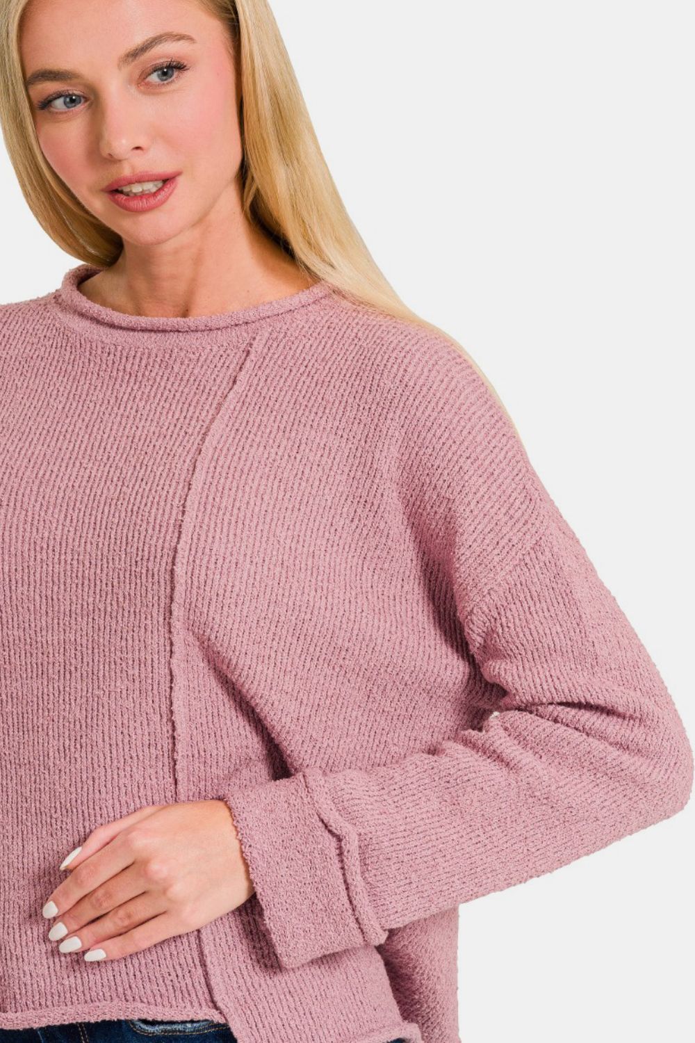 Zenana Asymmetric Hem Drop Shoulder Sweater - Luxe4Everyday Lt Rose / S Sweater