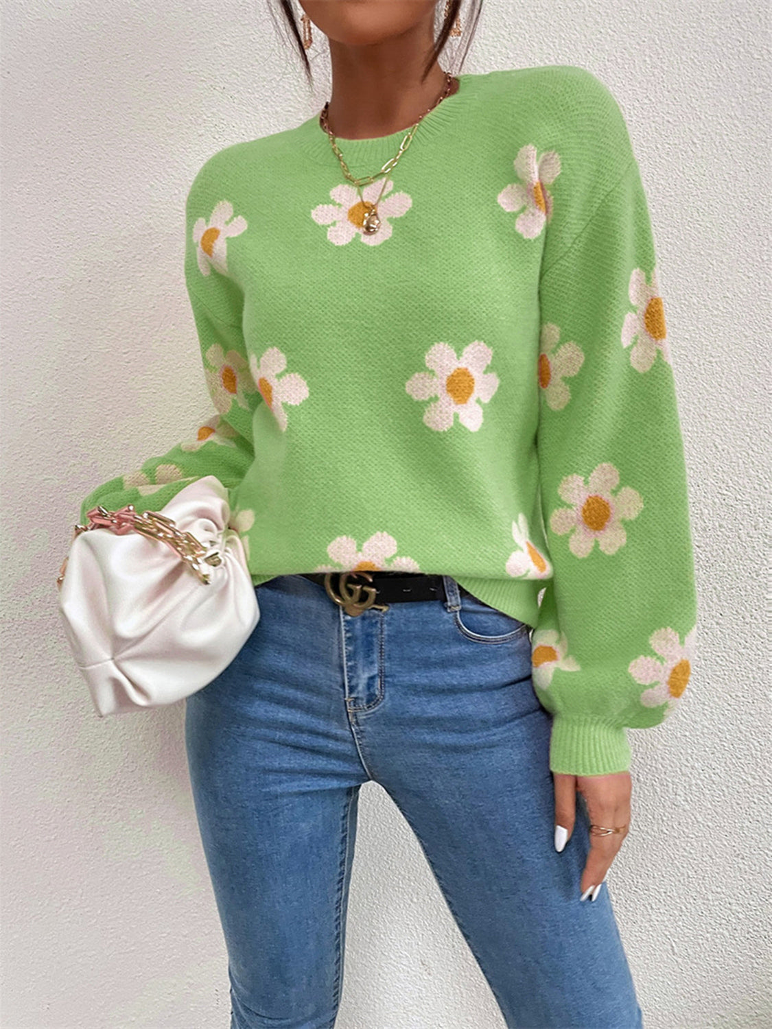 Flower Round Neck Latern Sleeve Sweater - Luxe4Everyday Sweater