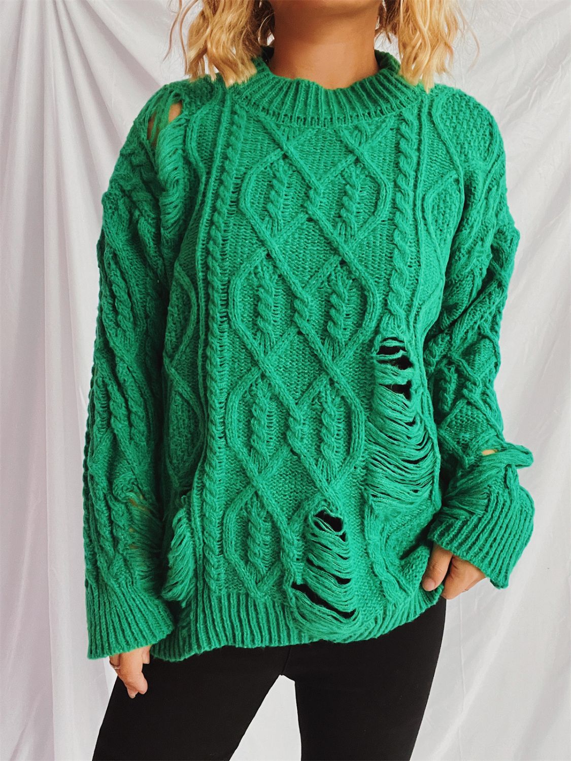 Distressed Cable-Knit Round Neck Long Sleeve Sweater - Luxe4Everyday Green / One Size Sweater