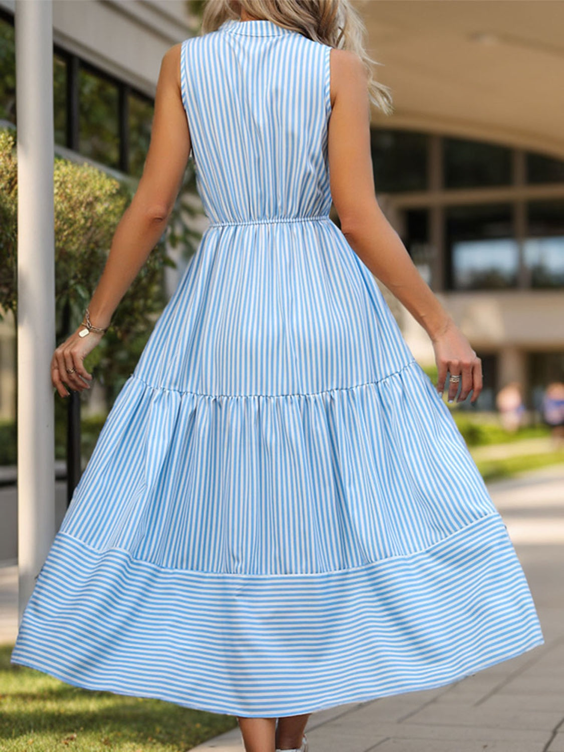 Striped Notched Sleeveless Midi Dress - Luxe4Everyday Light Blue / S Dress