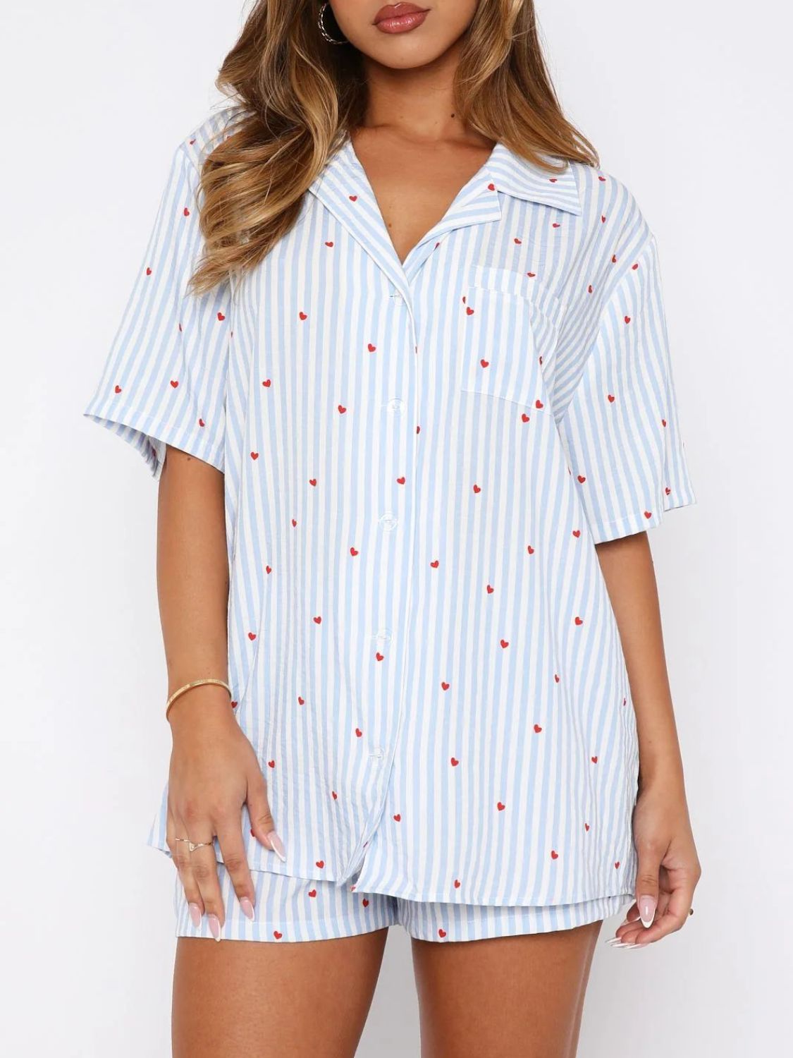 Valentine's Day Printed Collared Neck Short Sleeve Top and Shorts Set - Luxe4Everyday Light Blue / S Pajamas