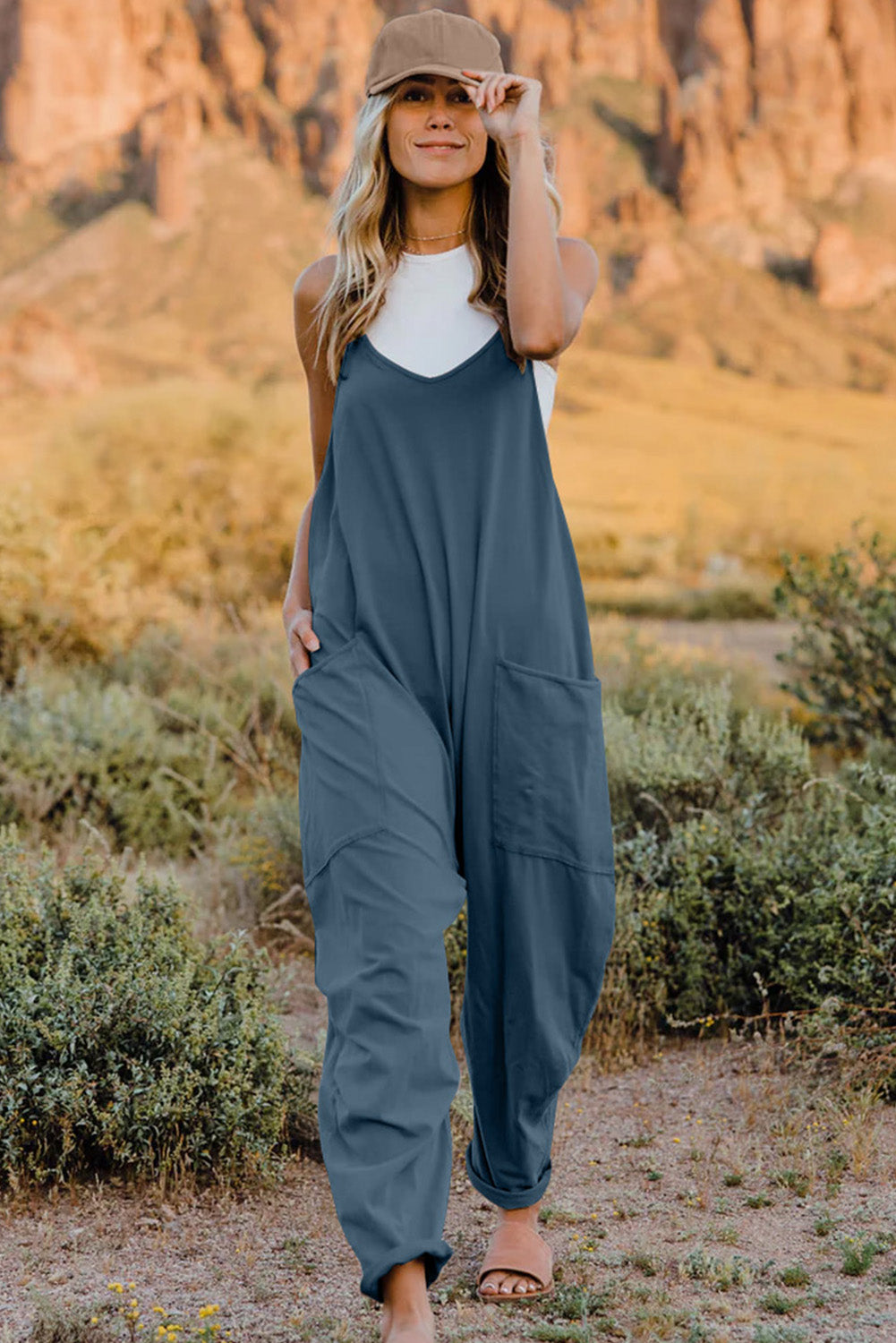 Double Take Full Size V-Neck Sleeveless Jumpsuit with Pockets - Luxe4Everyday French Blue / S Jumpsuit