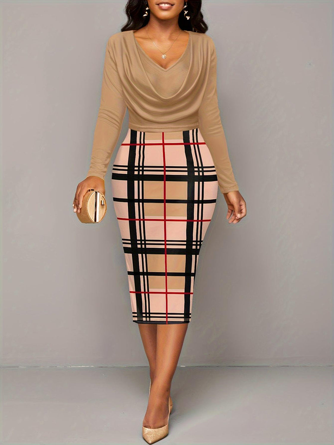 Plus Size Plaid Long Sleeve Mini Dress - Luxe4Everyday Tan / 1XL Dress