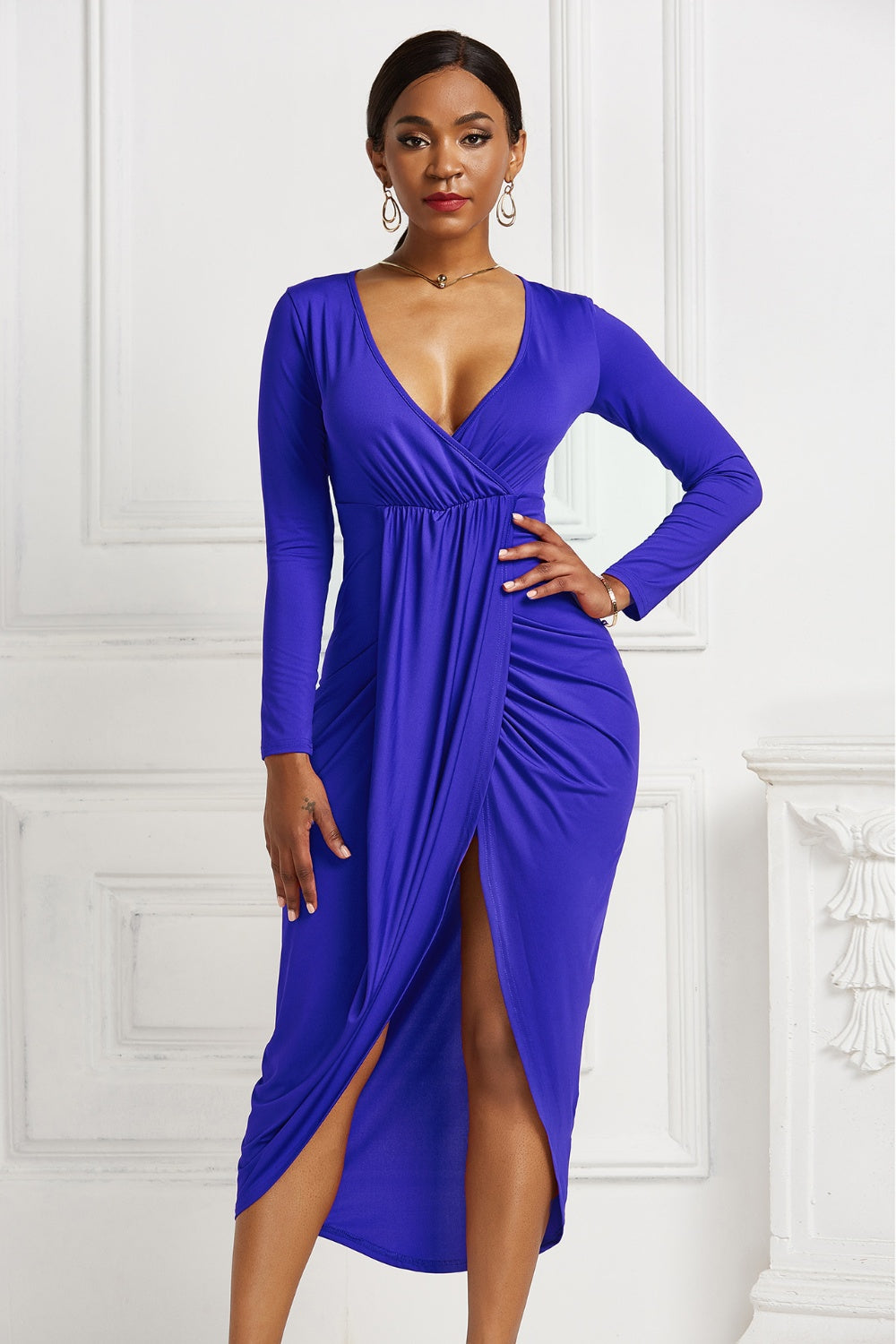 High-low Ruched Surplice Long Sleeve Dress - Luxe4Everyday Royal Blue / S Dress