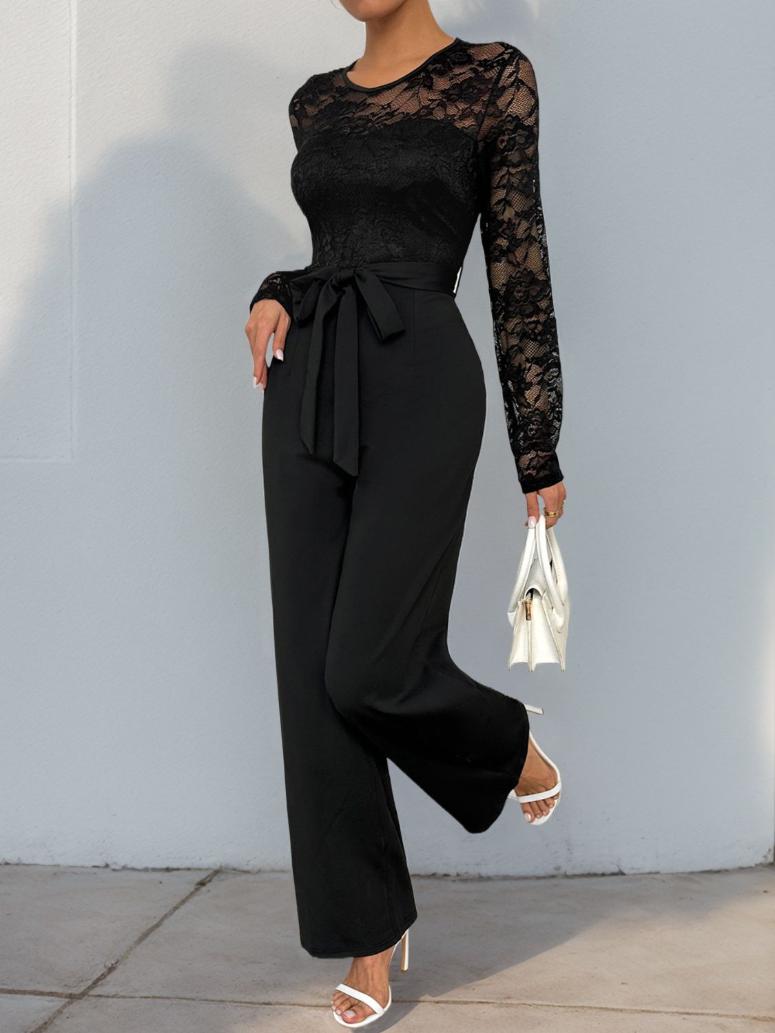 Perfee Lace Round Neck Long Sleeve Jumpsuit - Luxe4Everyday Black / S Jumpsuit