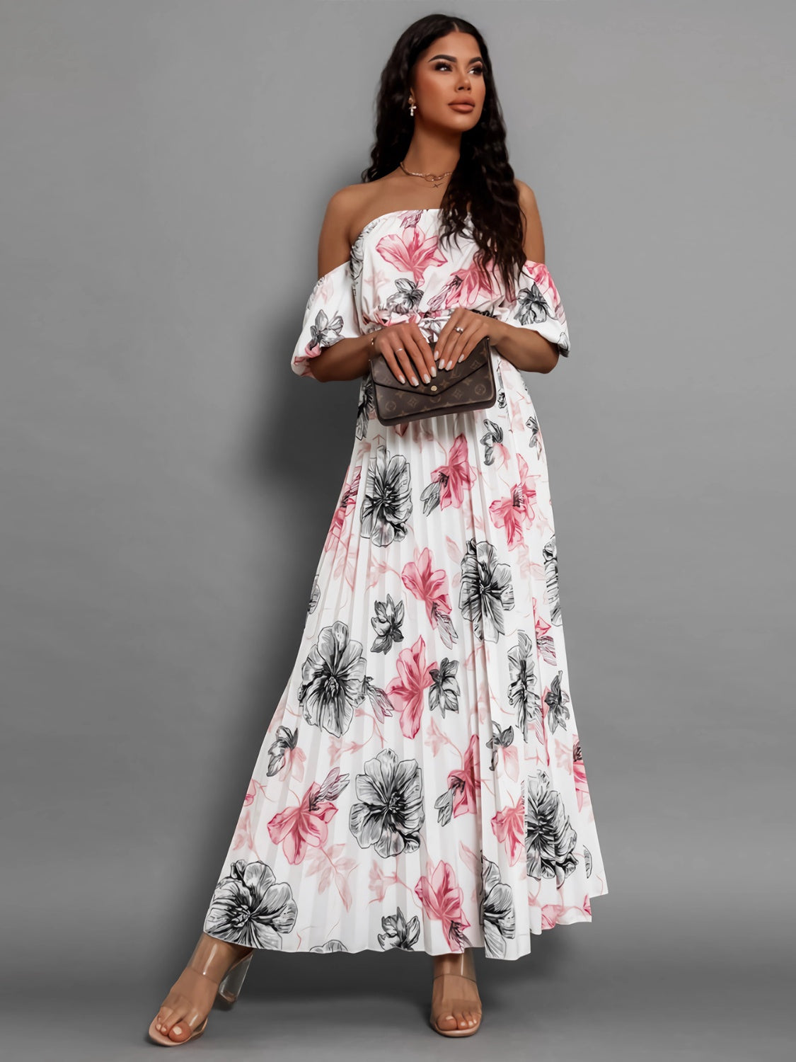 Pleated Floral Off-Shoulder Short Sleeve Midi Dress - Luxe4Everyday Dress