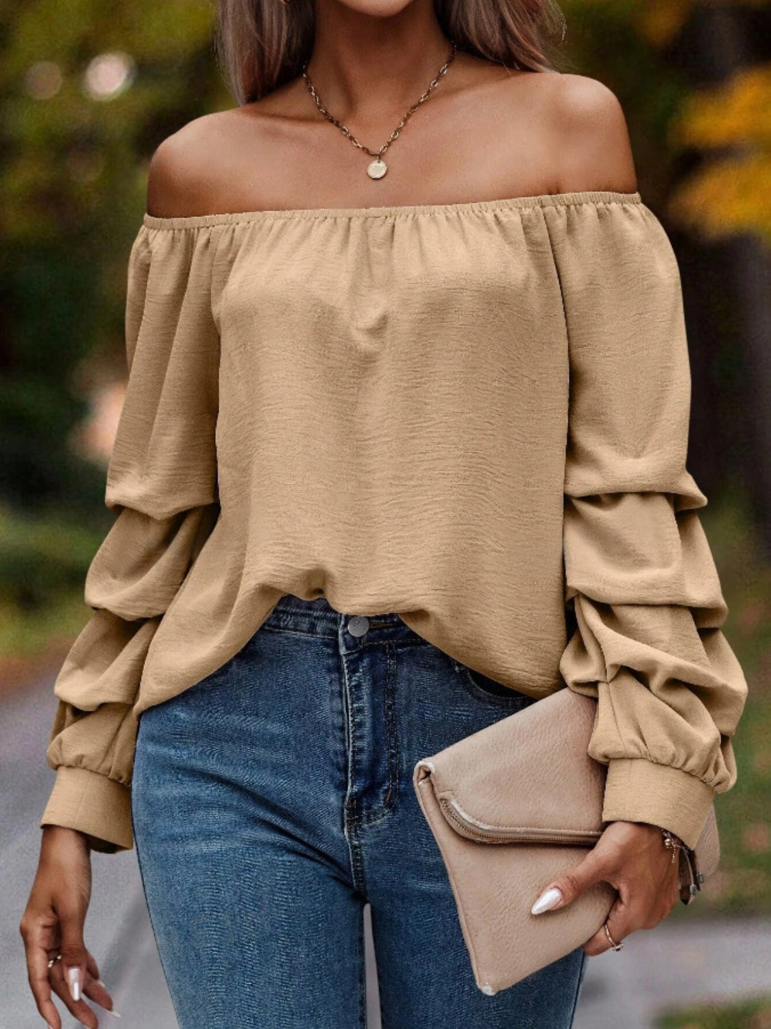 Ruched Off-Shoulder Long Sleeve Blouse - Luxe4Everyday Shirt