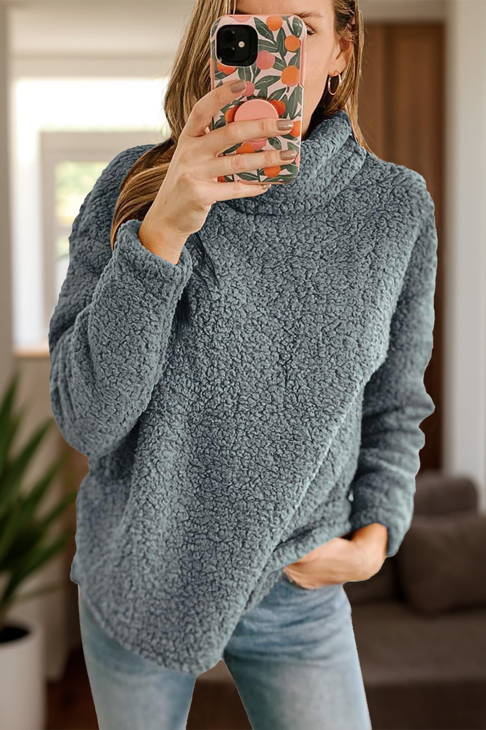 Fuzzy Turtleneck Long Sleeve Sweatshirt - Luxe4Everyday Dark Gray / S Sweater