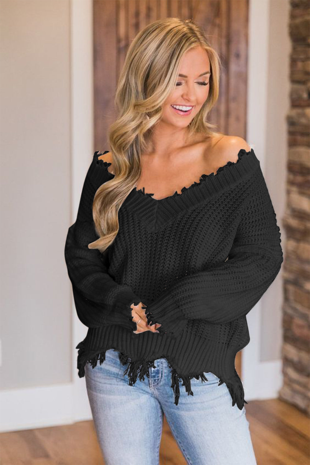 Frayed Hem Dropped Shoulder Sweater - Luxe4Everyday Sweater