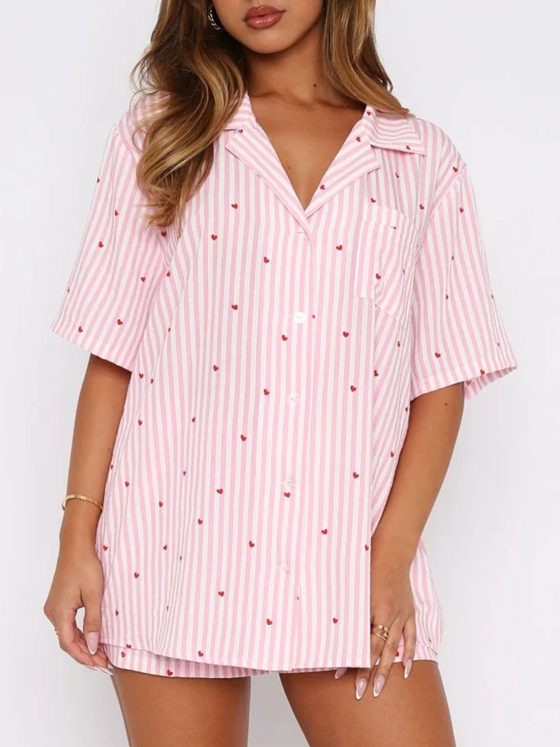 Valentine's Day Printed Collared Neck Short Sleeve Top and Shorts Set - Luxe4Everyday Blush Pink / S Pajamas