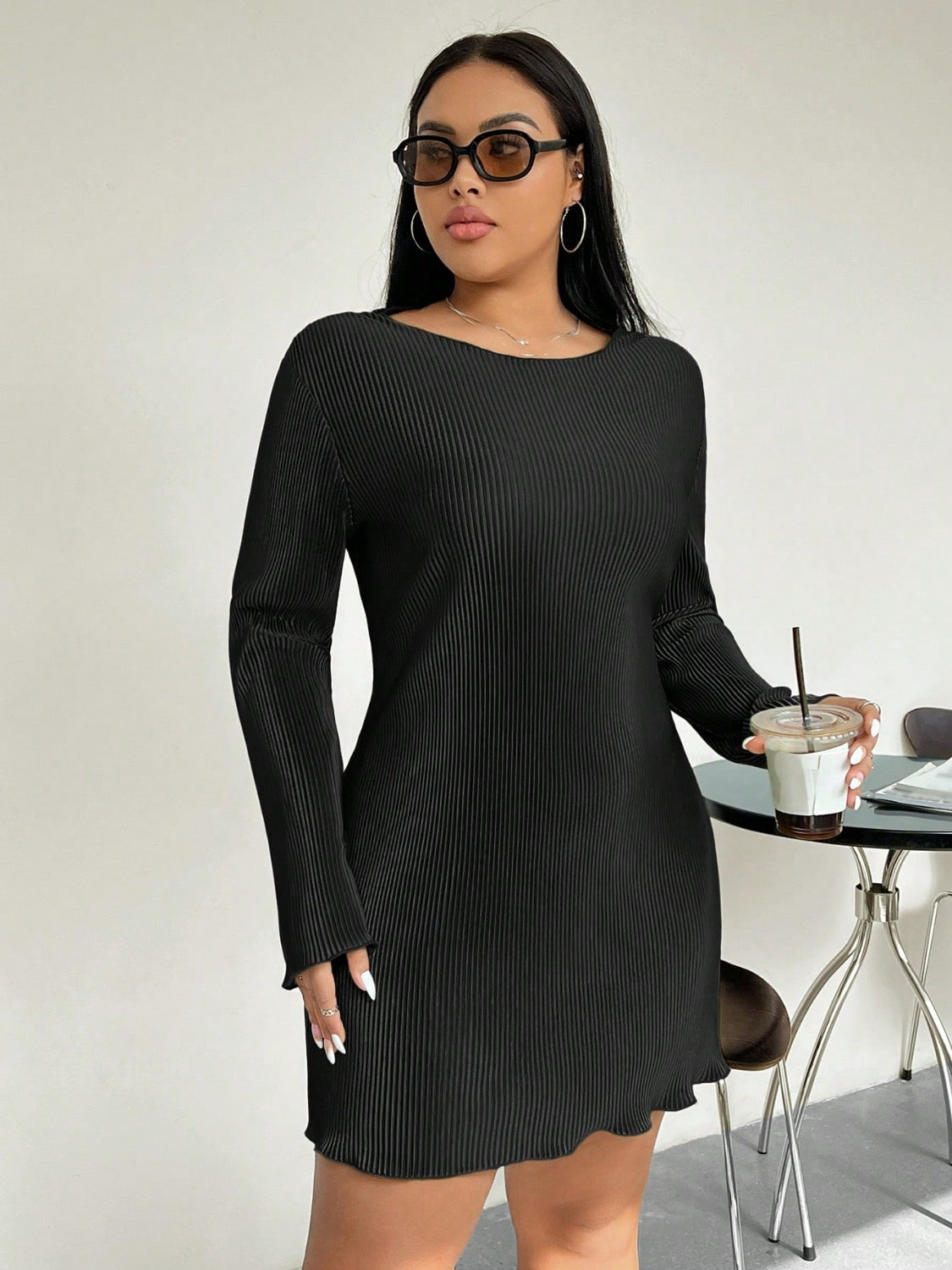 Honey Plus Size Lettuce Hem Round Neck Long Sleeve Dress - Luxe4Everyday Black / 1XL Dress