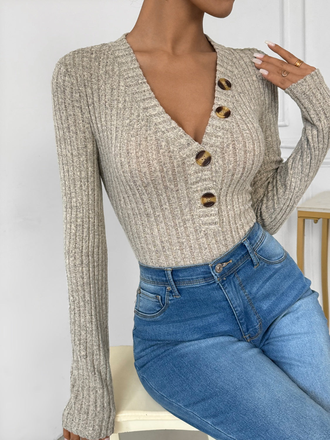 Perfee V-Neck Long Sleeve Bodysuit - Luxe4Everyday Bodysuit