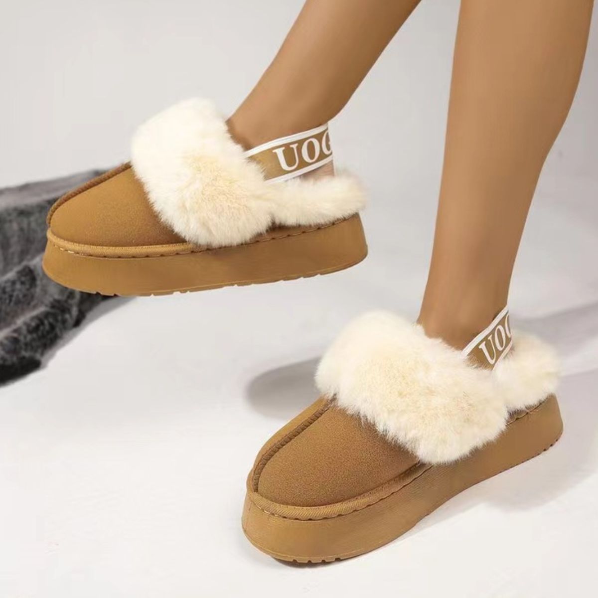 Plush Platform Slippers with Letter Strap - Luxe4Everyday Camel / 36(US5) shoes