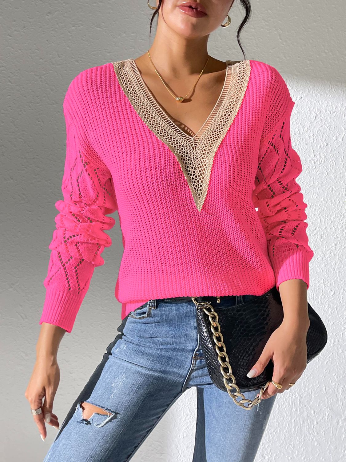 Openwork V-Neck Long Sleeve Sweater - Luxe4Everyday Sweater