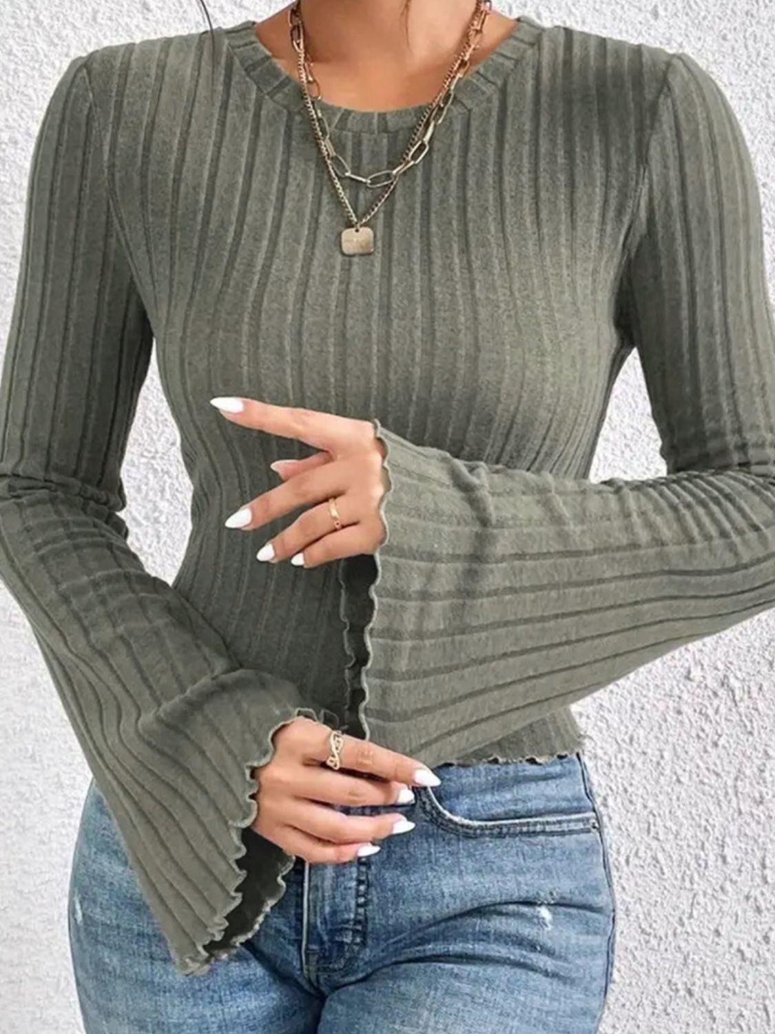 Ribbed Round Neck Flare Sleeve T-Shirt - Luxe4Everyday Shirt