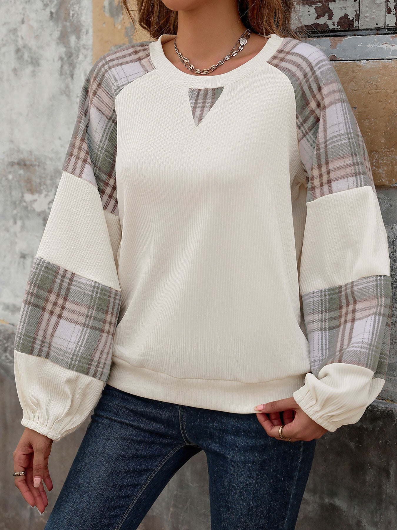 Perfee Plaid Round Neck Long Sleeve Sweatshirt - Luxe4Everyday Sweater