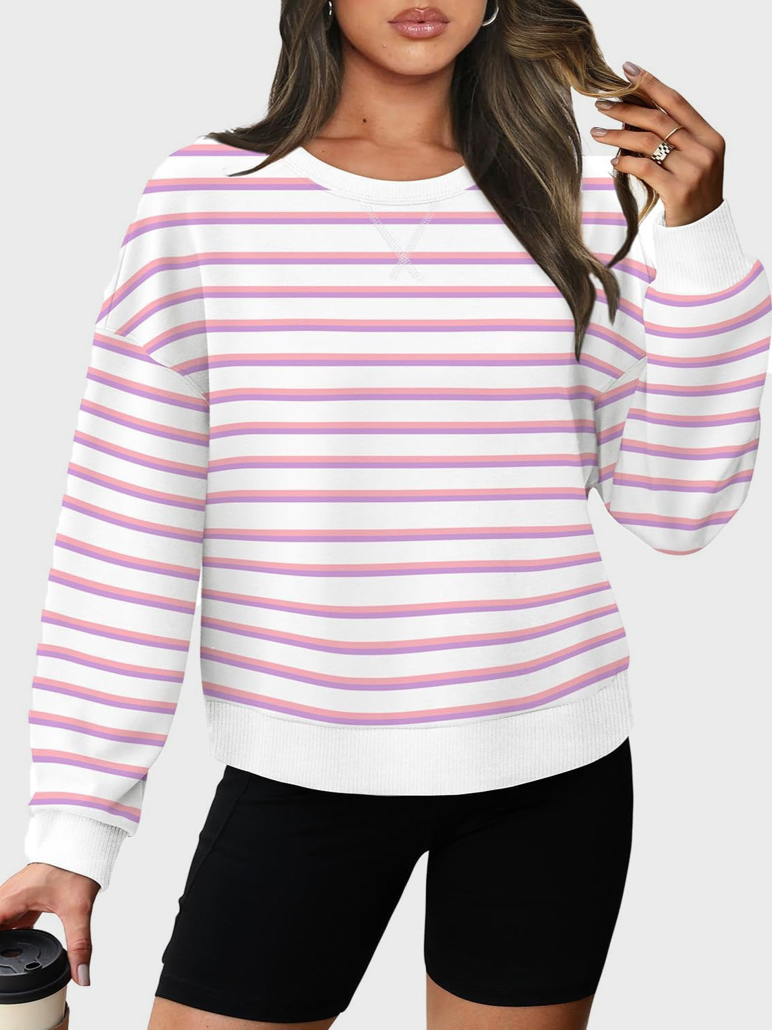 Lovelet Striped Round Neck Long Sleeve Sweatshirt - Luxe4Everyday Dusty Pink / S Sweater