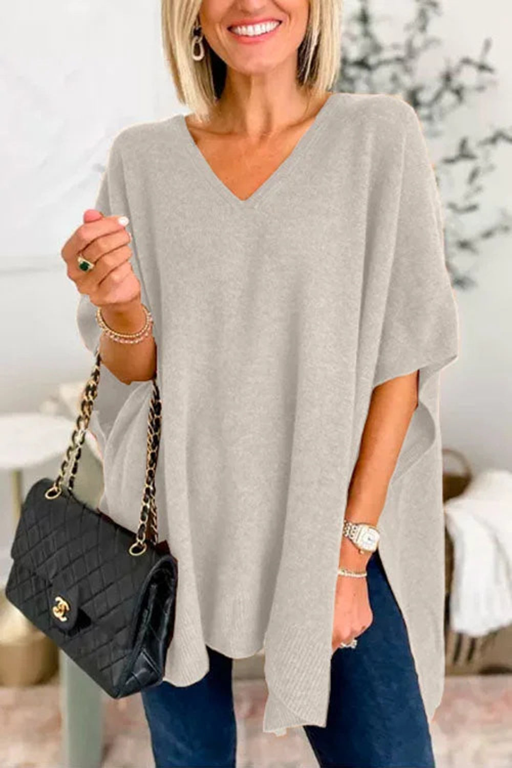 Slit V-Neck Half Sleeve Knit Top - Luxe4Everyday Light Gray / S Sweater