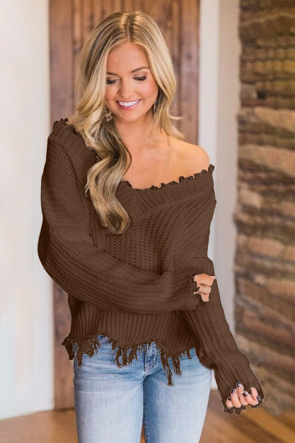 Frayed Hem Dropped Shoulder Sweater - Luxe4Everyday Sweater