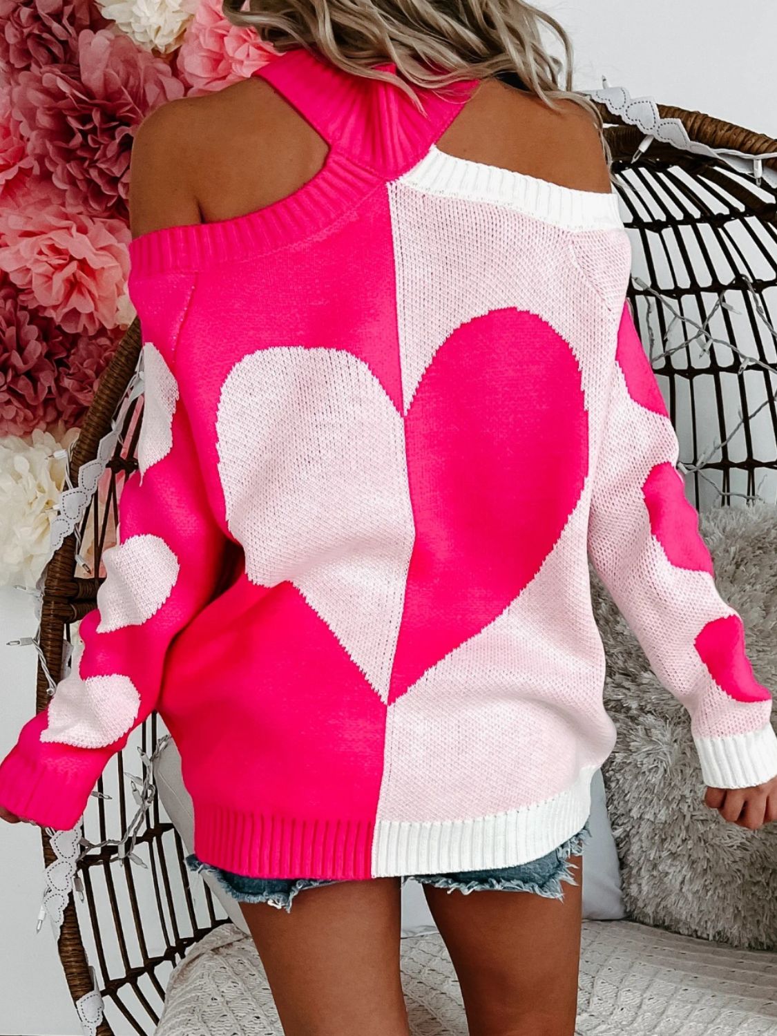 Valentine's Day Heart Turtleneck Cold Shoulder Sweater - Luxe4Everyday Hot Pink / S Sweater