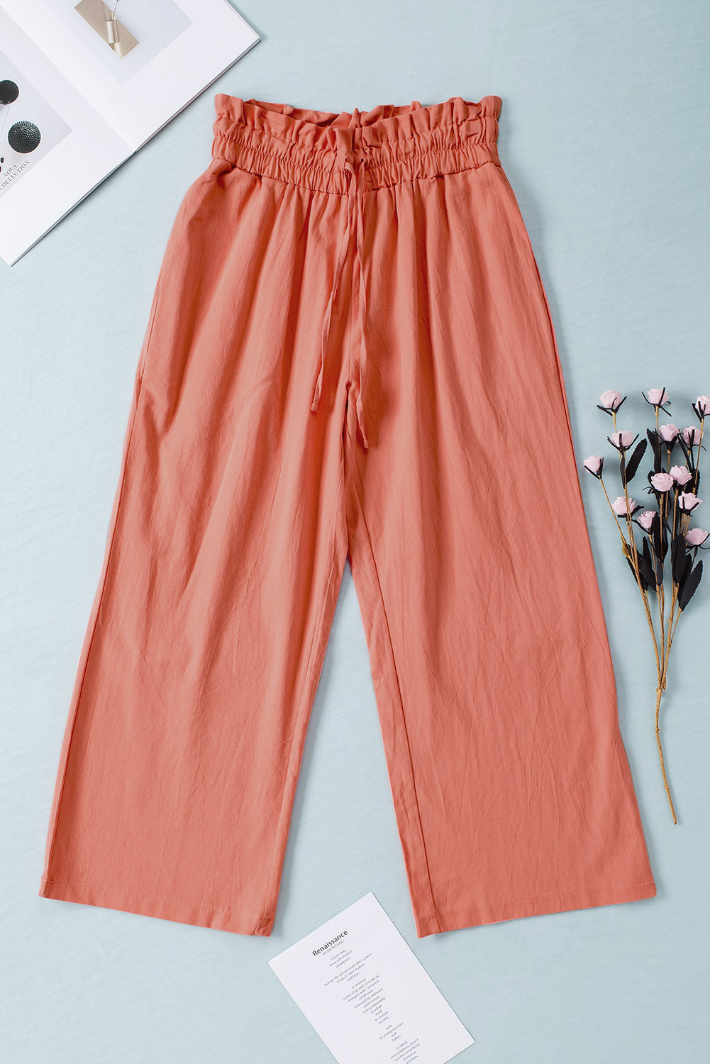 Drawstring Paperbag Waist Wide Leg Pants - Luxe4Everyday Coral / S Pants