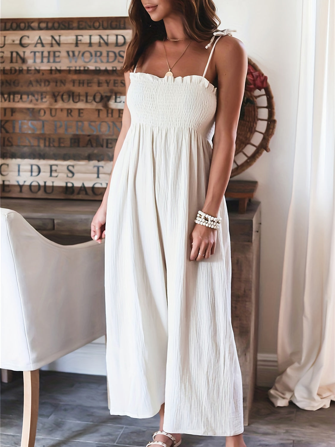 Full Size Smocked Spaghetti Strap Wide Leg Jumpsuit - Luxe4Everyday White / S