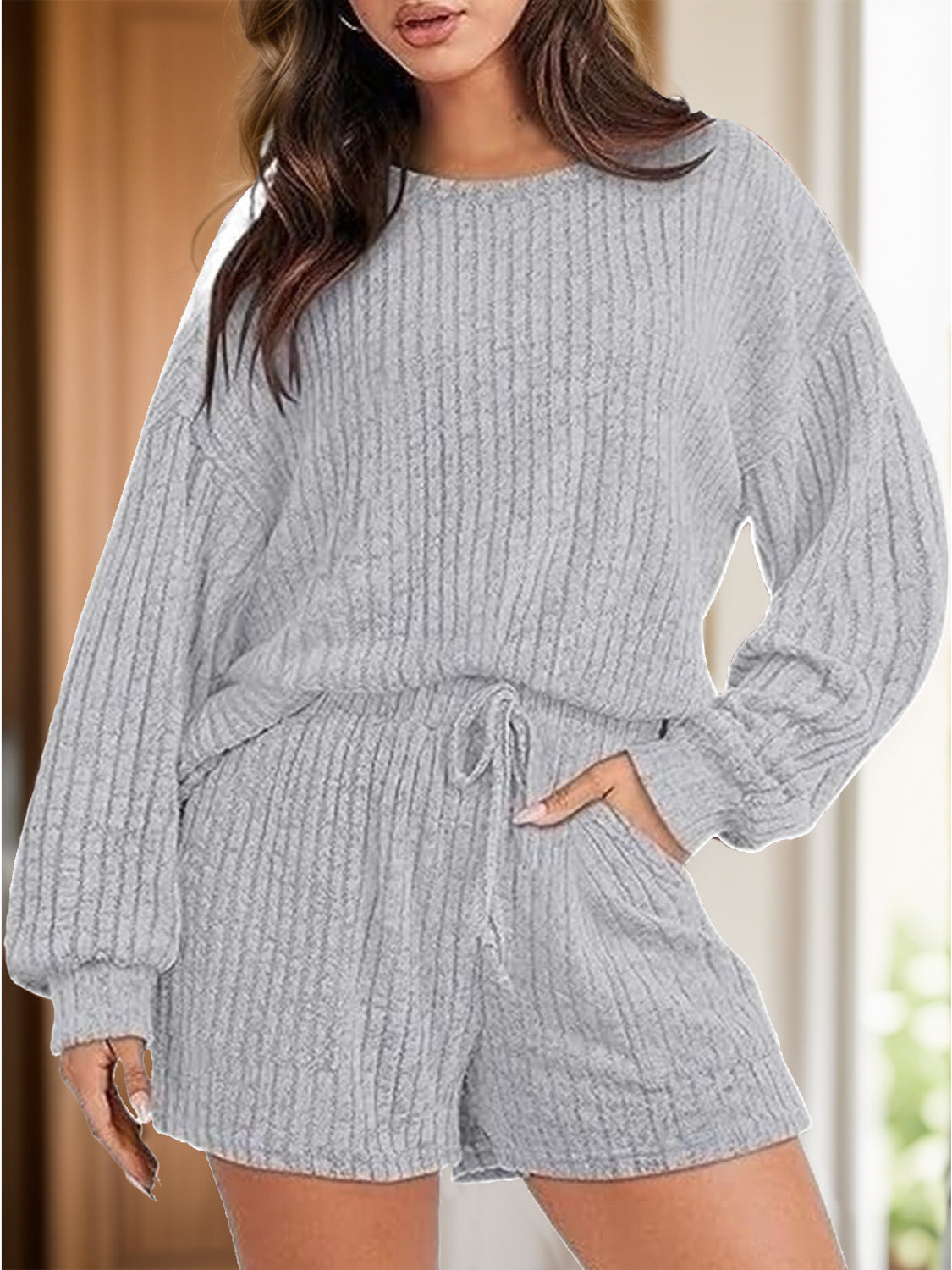 Round Neck Dropped Shoulder Top and Shorts Set - Luxe4Everyday Light Gray / S Two-piece set