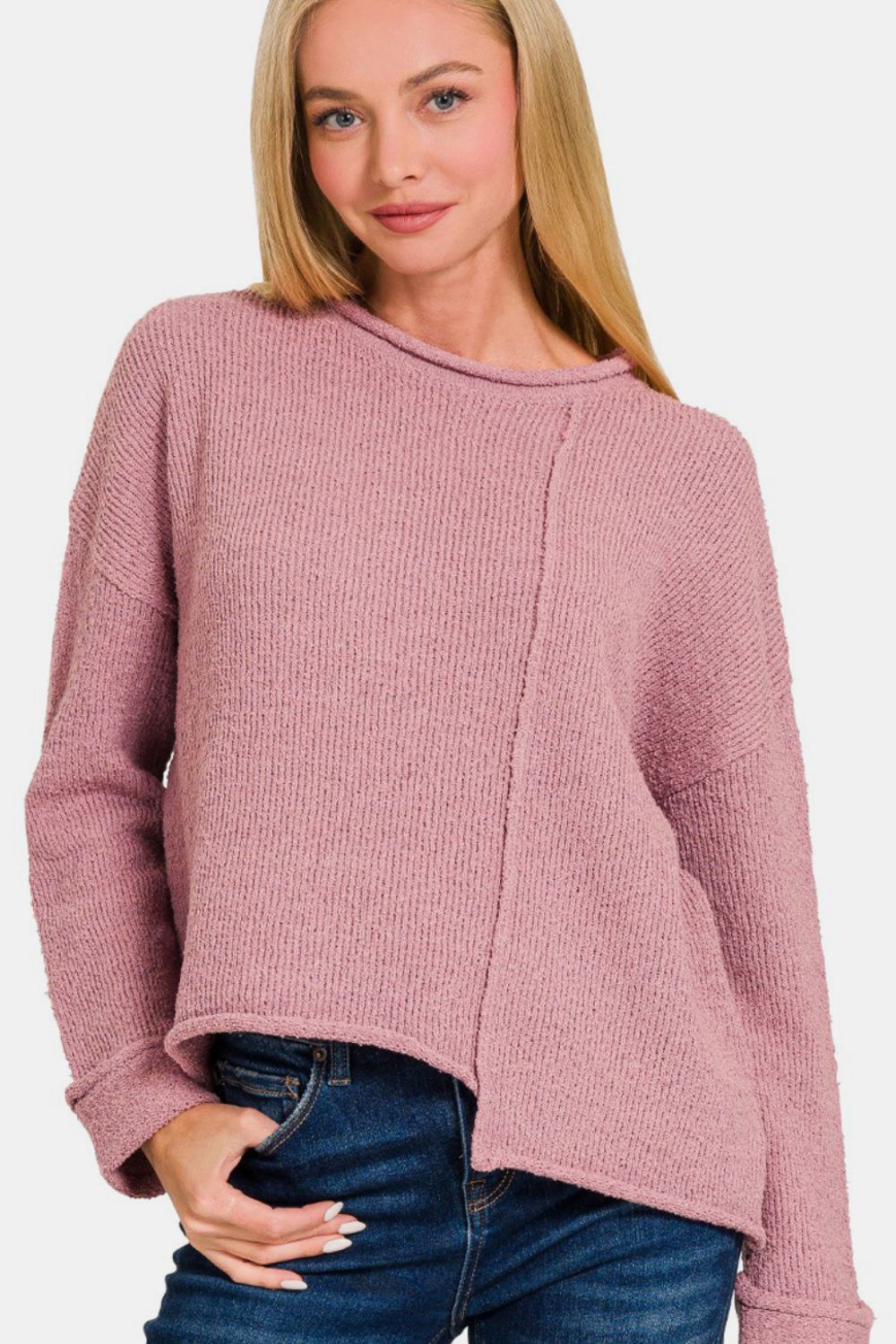 Zenana Asymmetric Hem Drop Shoulder Sweater - Luxe4Everyday Lt Rose / S Sweater