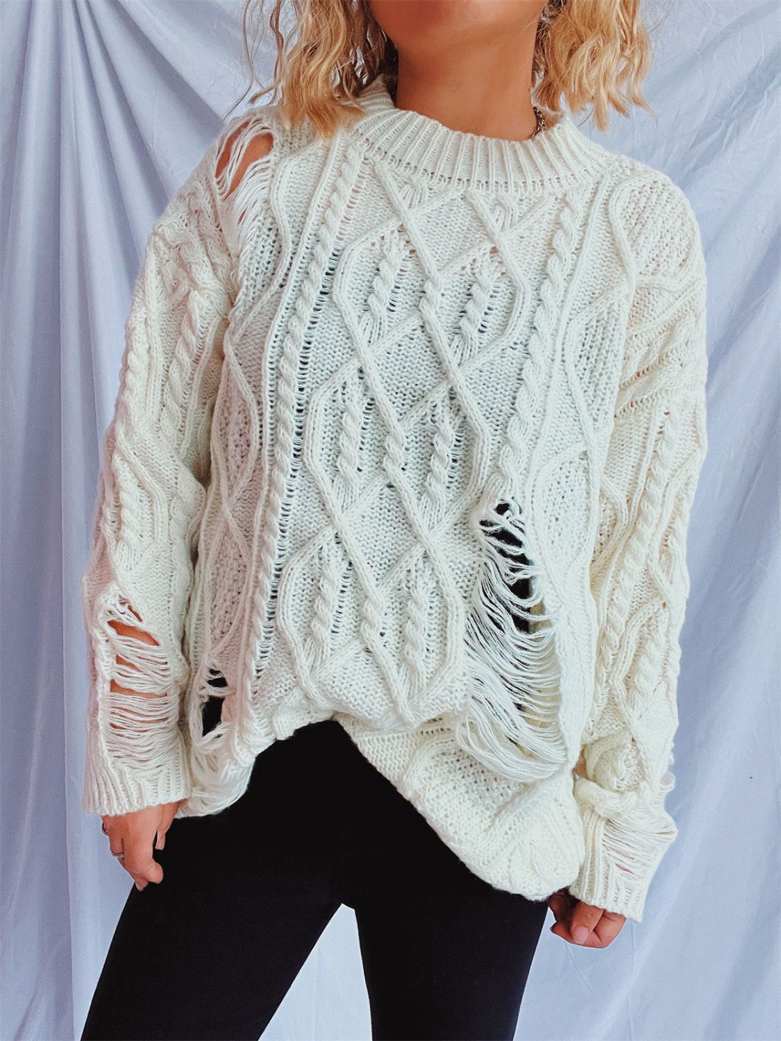 Distressed Cable-Knit Round Neck Long Sleeve Sweater - Luxe4Everyday Sweater