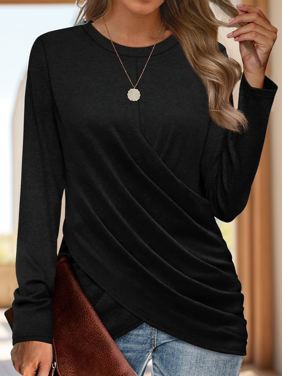 Ruched Round Neck Long Sleeve T-Shirt - Luxe4Everyday Black / S shirt