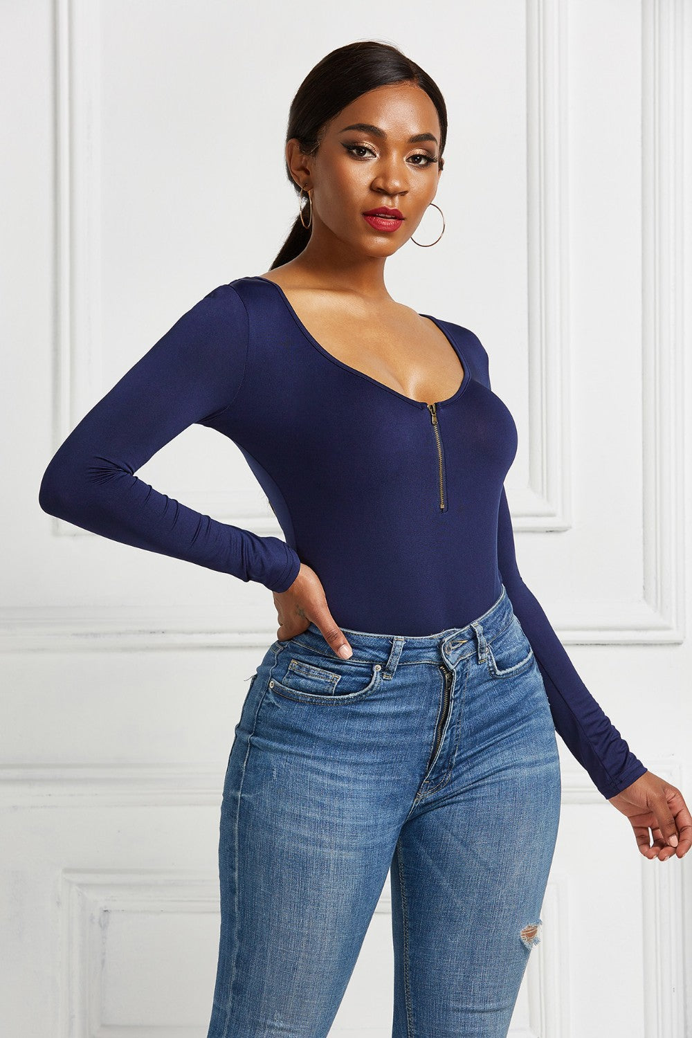 Half Zip Scoop Neck Long Sleeve Bodysuit - Luxe4Everyday Bodysuit