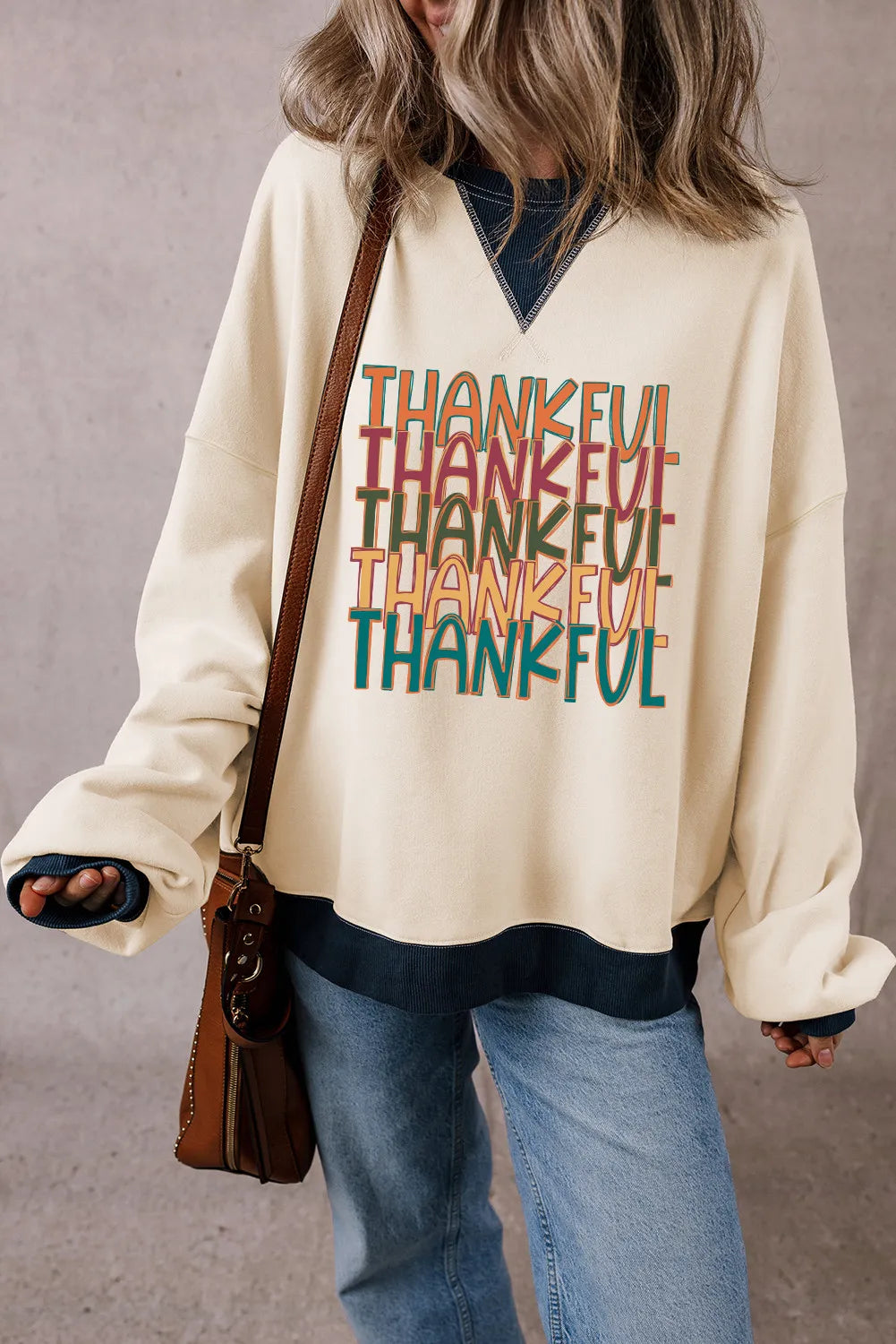 THANKFUL Round Neck Long Sleeve Sweatshirt - Luxe4Everyday Ivory / S Sweatshirt