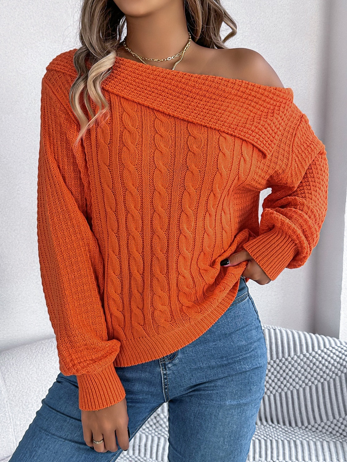 Cable-Knit One Shoulder Long Sleeve Sweater - Luxe4Everyday Orange / S Sweater