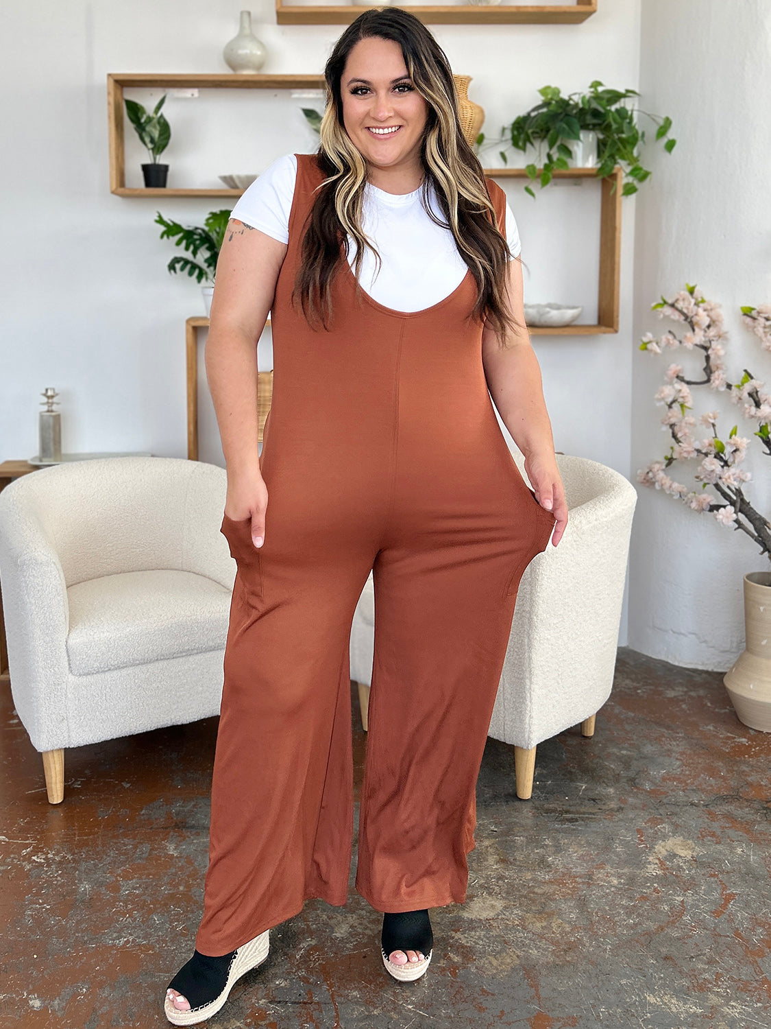 Double Take Full Size Sleeveless Wide Leg Jumpsuit with Pockets - Luxe4Everyday Jumpsuit