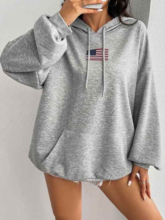 Devine Drawstring US Flag Long Sleeve Hoodie - Luxe4Everyday Light Gray / S Hoodie