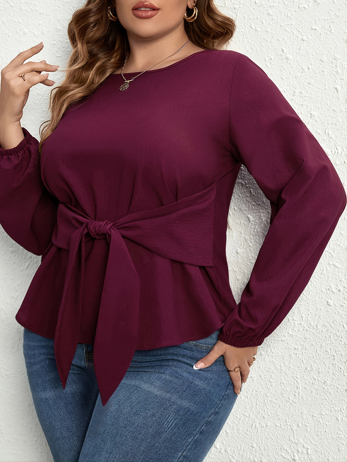 Plus Size Tie Front Long Sleeve Blouse - Luxe4Everyday Plum / 1XL Shirts