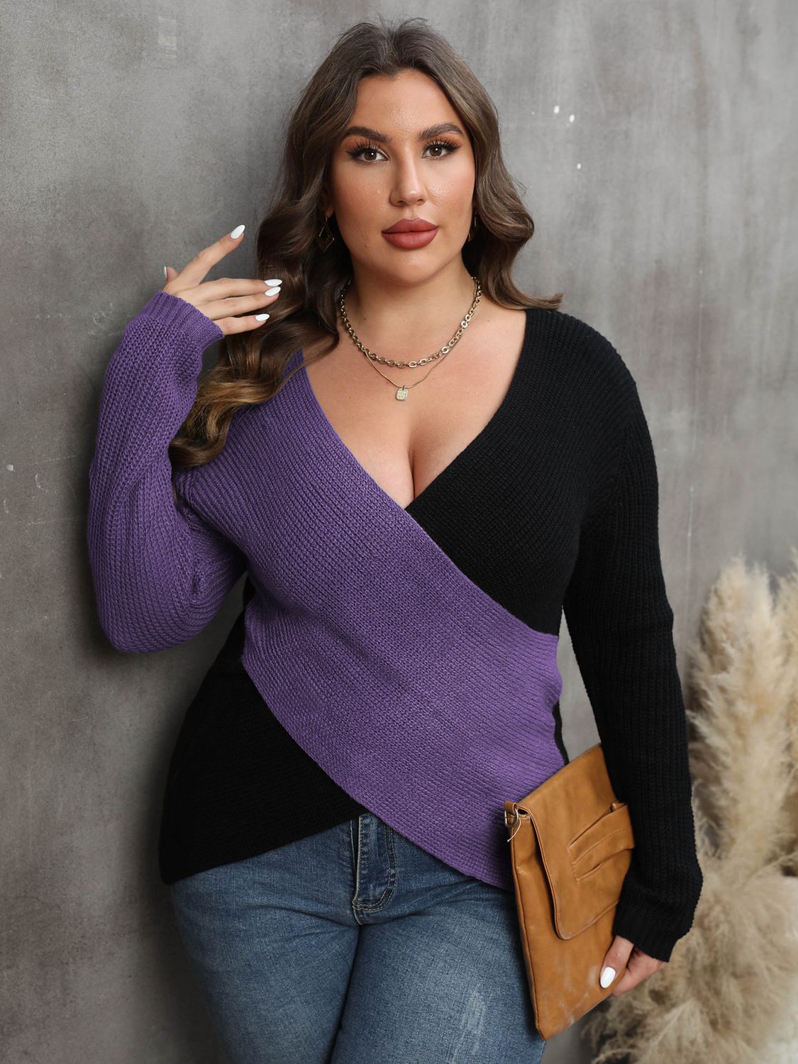 Plus Size Two-Tone Surplice Neck Sweater - Luxe4Everyday Violet / 1XL Shirts