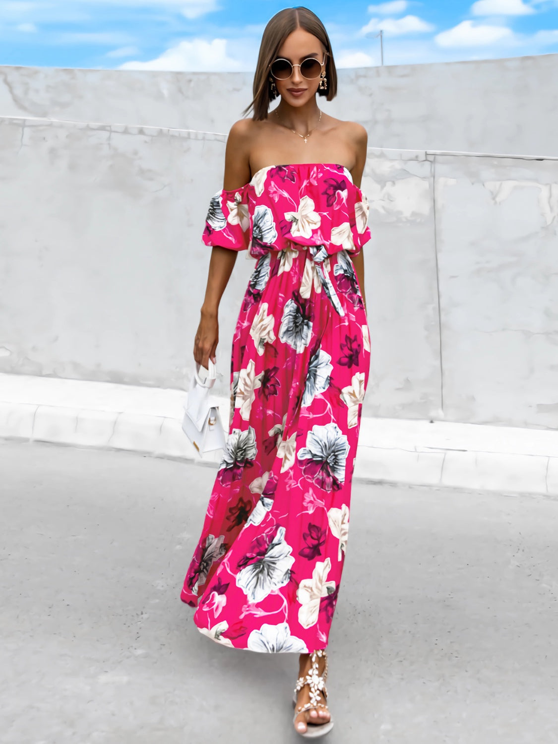 Pleated Floral Off-Shoulder Short Sleeve Midi Dress - Luxe4Everyday Dress