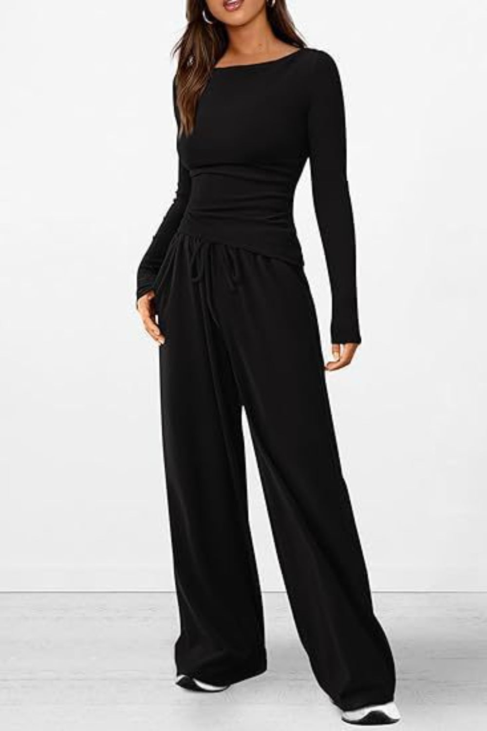 Round Neck Long Sleeve Top and Pants Set - Luxe4Everyday Black / XS two-piece set