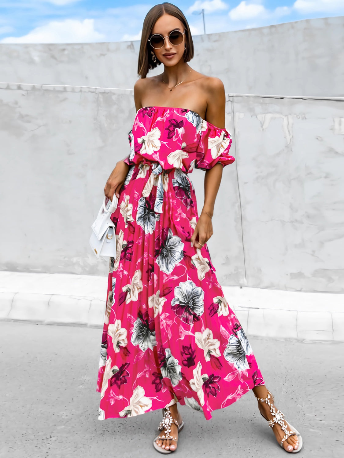 Pleated Floral Off-Shoulder Short Sleeve Midi Dress - Luxe4Everyday Dress