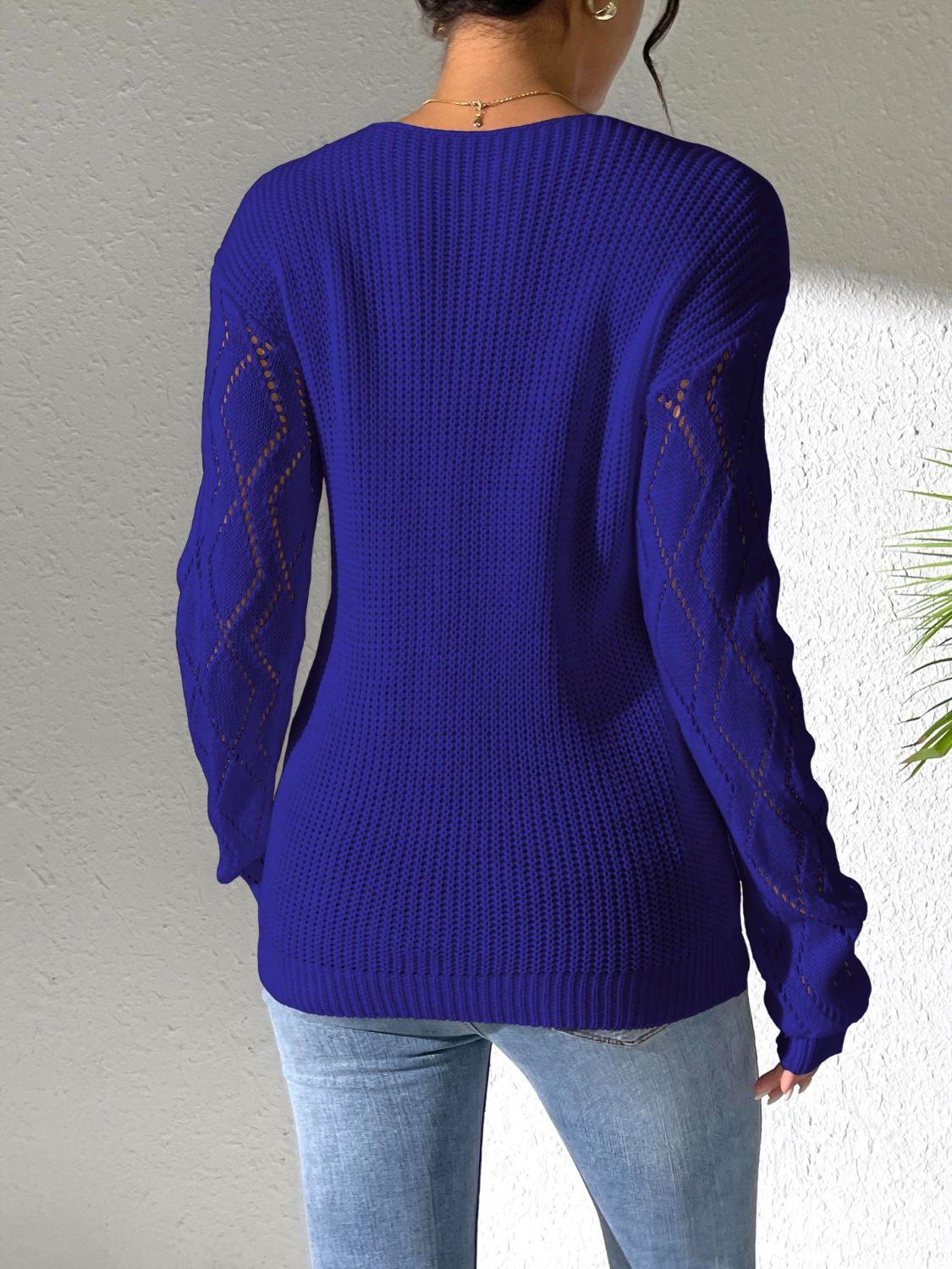 Openwork V-Neck Long Sleeve Sweater - Luxe4Everyday Sweater