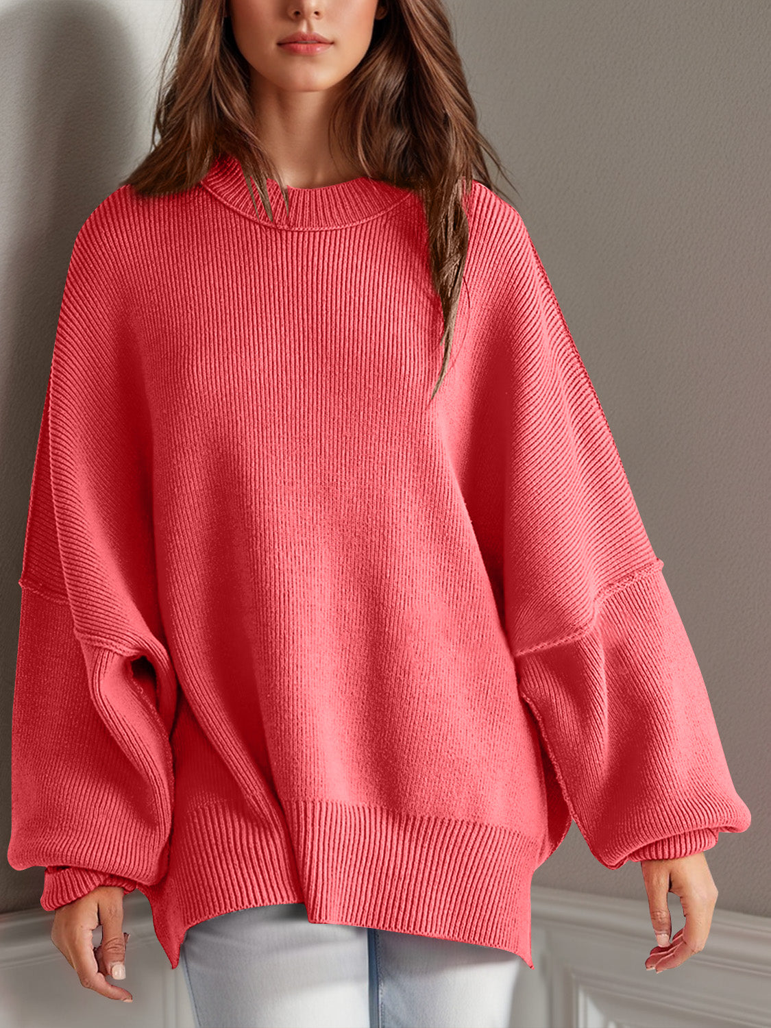 Double Take Side Slit Round Neck Long Sleeve Sweater - Luxe4Everyday Strawberry / S Sweater