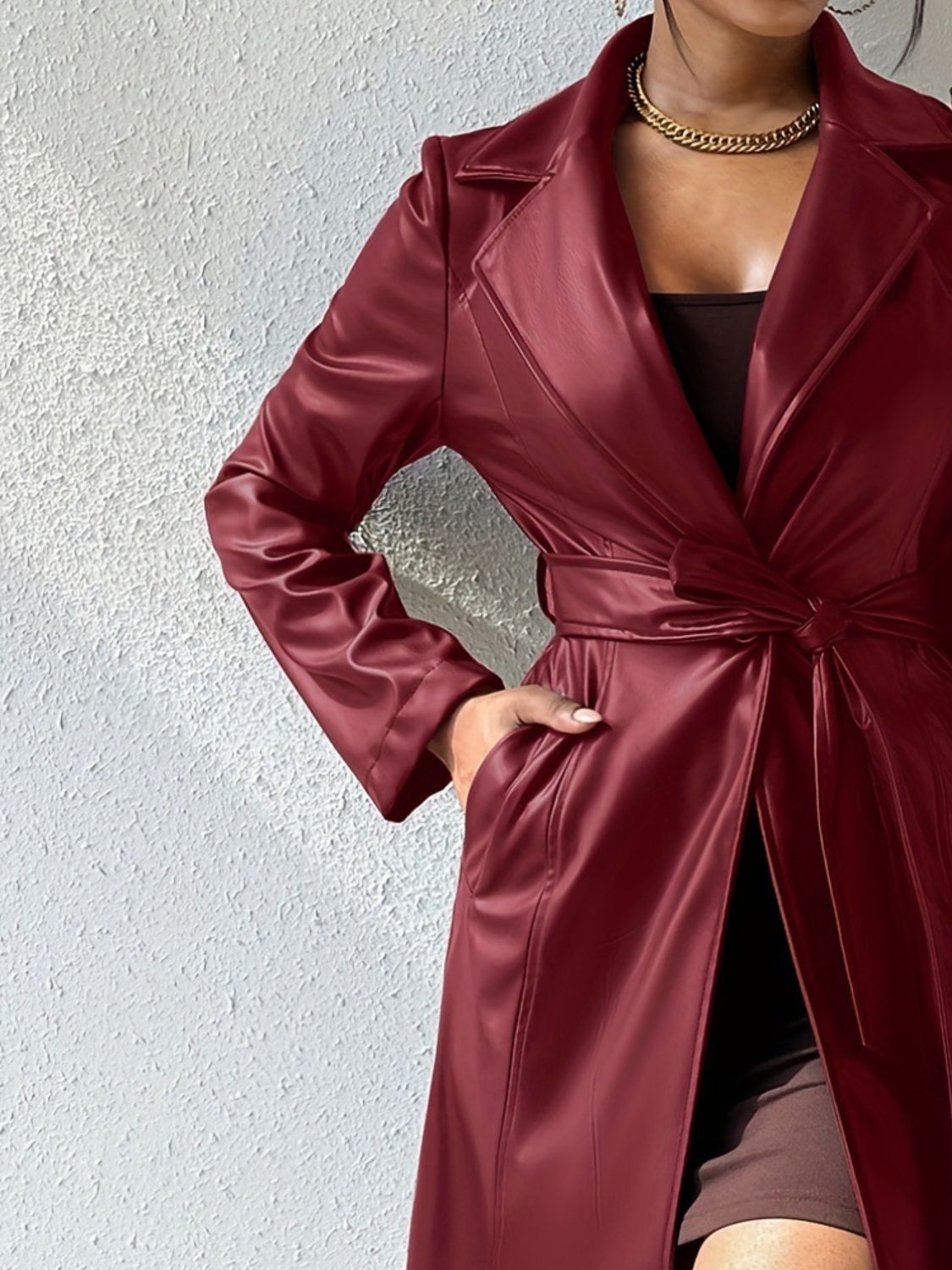 Tied PU Leather Long Sleeve Trench Coat - Luxe4Everyday Burgundy / S Coat