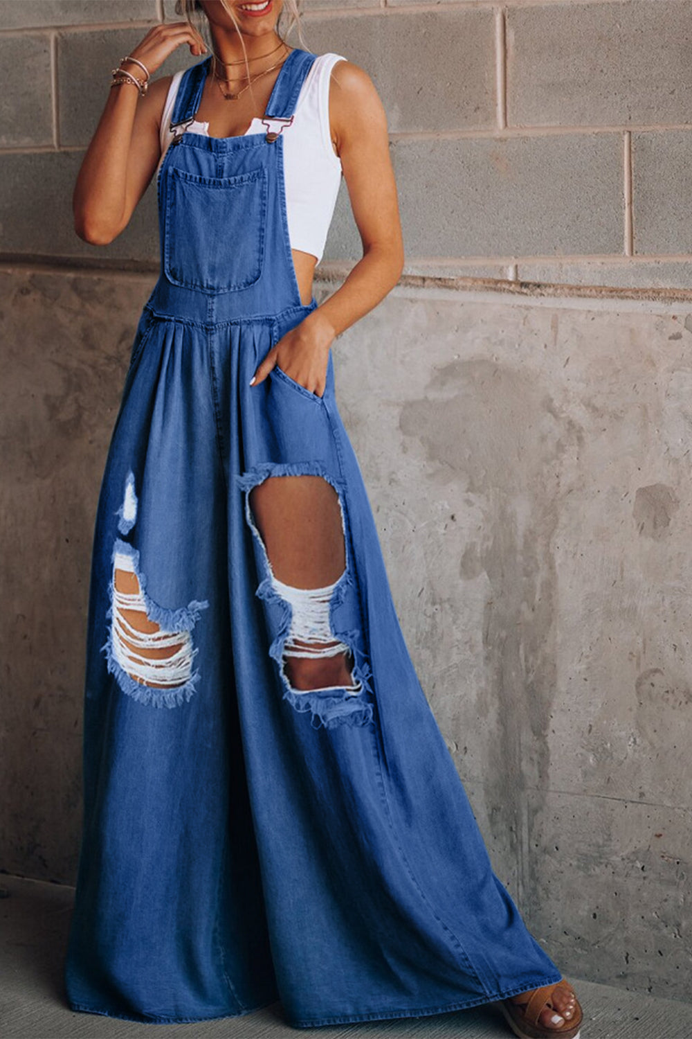 Distressed Wide Leg Denim Overalls - Luxe4Everyday Medium / S Overalls